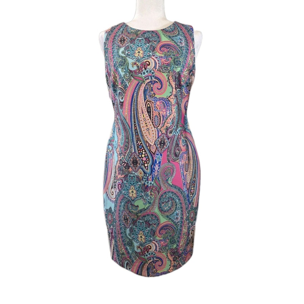 Tommy Hilfiger Dress Womens 8 Multi Paisley Sleeveless Sheath Back Zip Cocktail